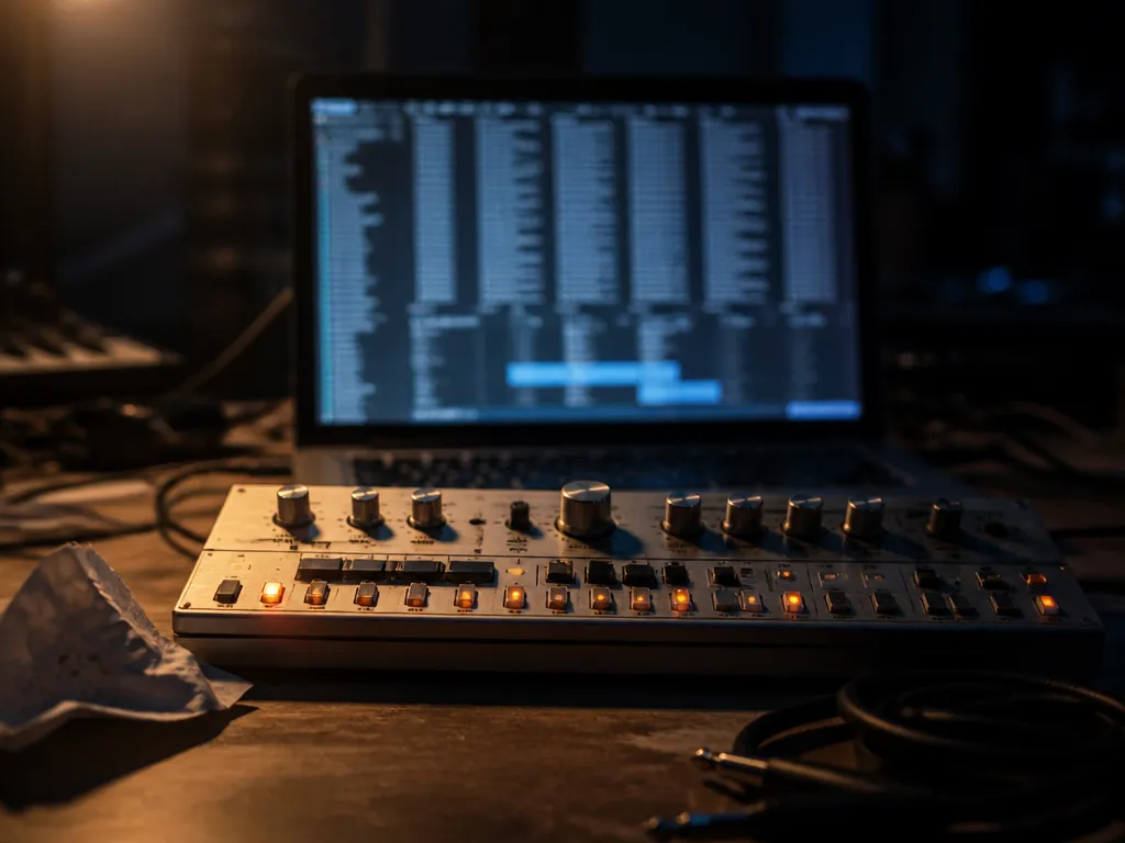 Photorealistic close-up photograph of a cluttered home studio desk at 2am, shot at f/1.8…