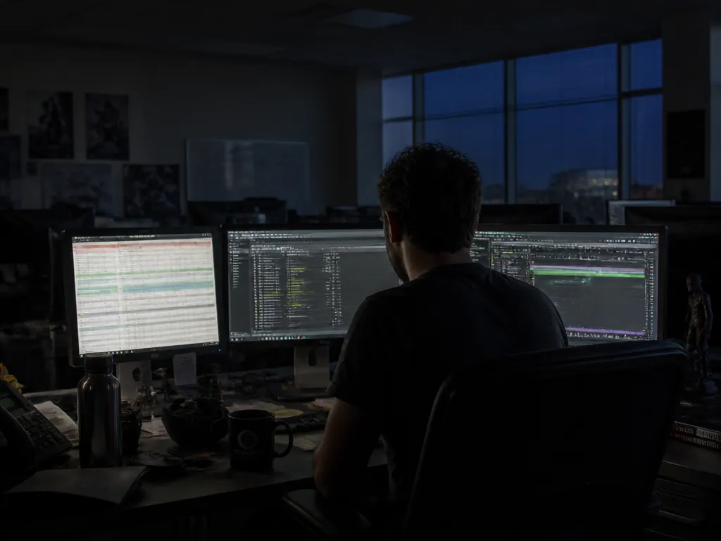 An environmental portrait of a person seated at a cluttered game development workstation photographed…