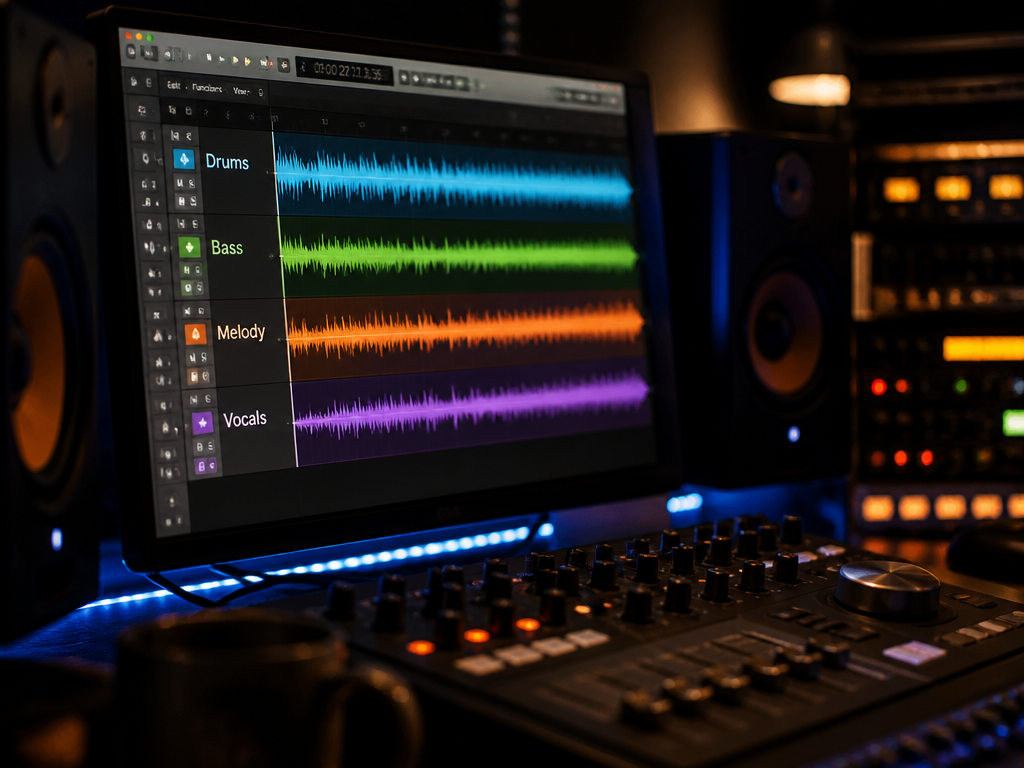 A moody, photorealistic close-up of a professional music production studio at night, centered on…