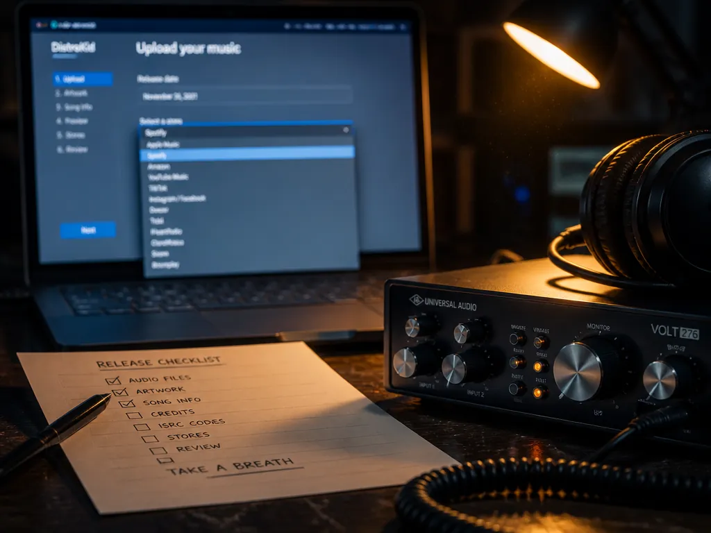 A tight macro photograph of a recording studio desk at dusk: a laptop screen…