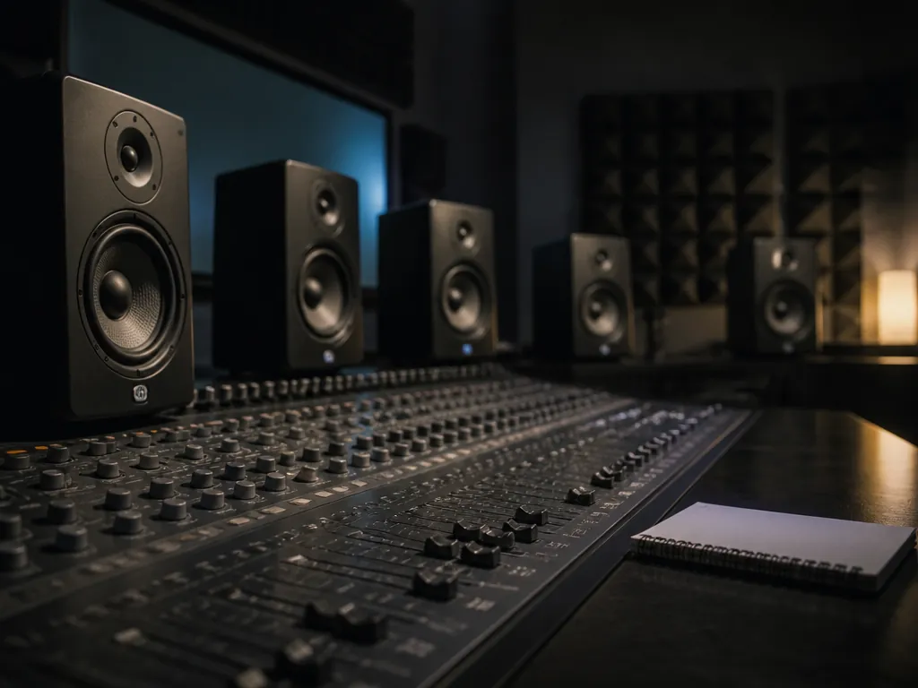 Photorealistic editorial photograph of a dimly lit professional recording studio control room at night…