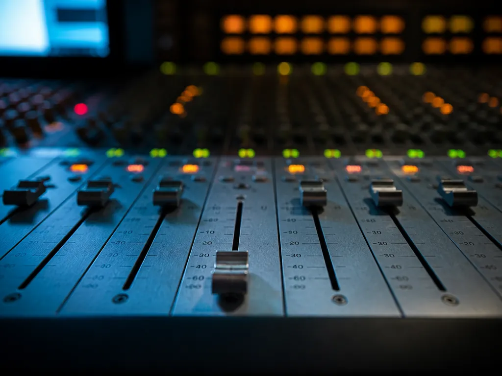 Photorealistic close-up photograph of a professional recording studio mixing console at night, shot with…