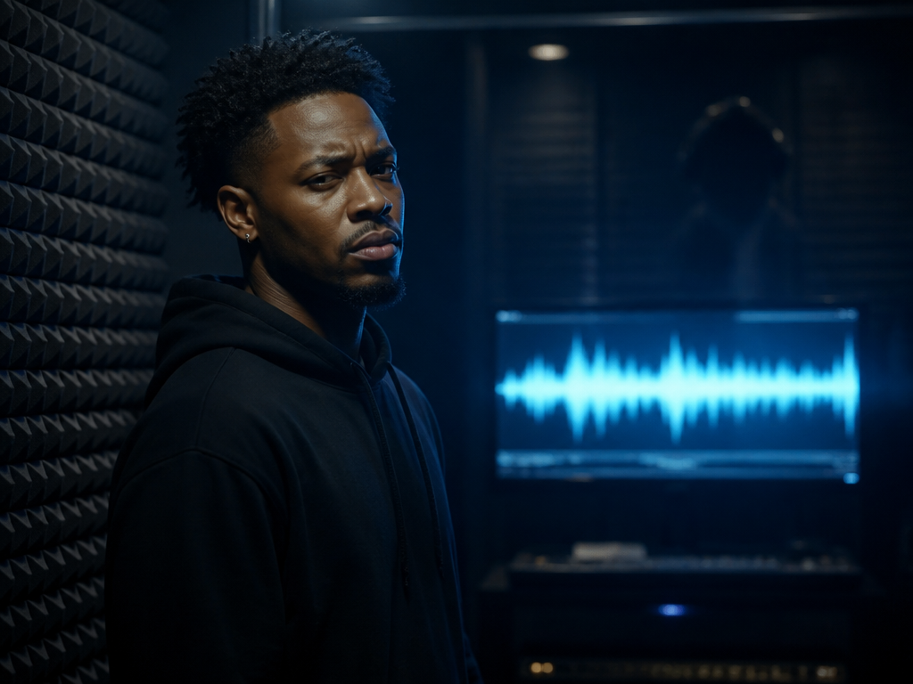 A moody, photorealistic studio portrait of a male recording artist standing alone in a…