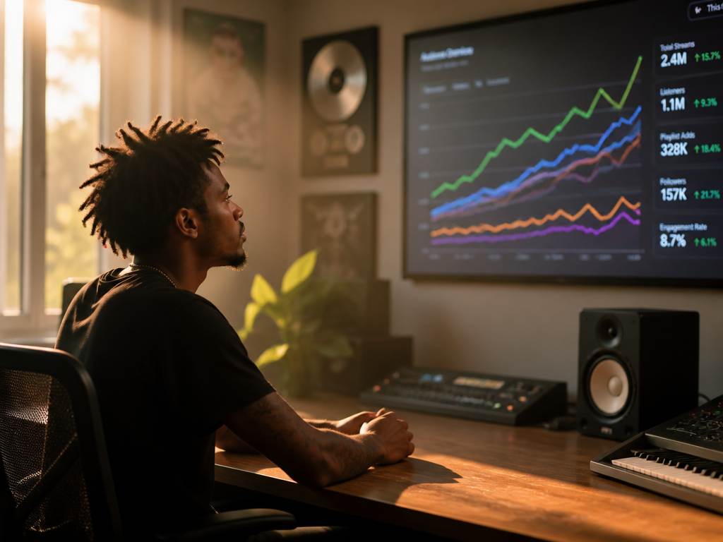 A young music artist sitting alone at a sunlit home studio desk late in…