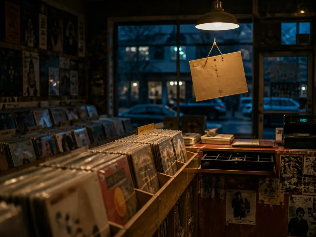 A photorealistic editorial photograph of an empty independent record shop at closing time, shot…