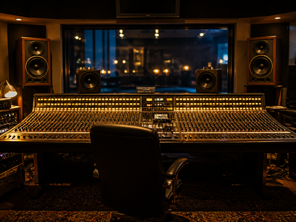 A modern recording studio control room at dusk, an empty leather chair before a…