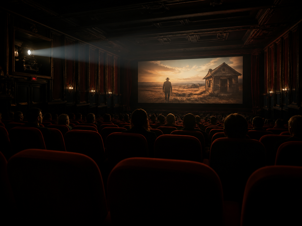A dimly lit movie theater seen from behind the back row, the wide silver…