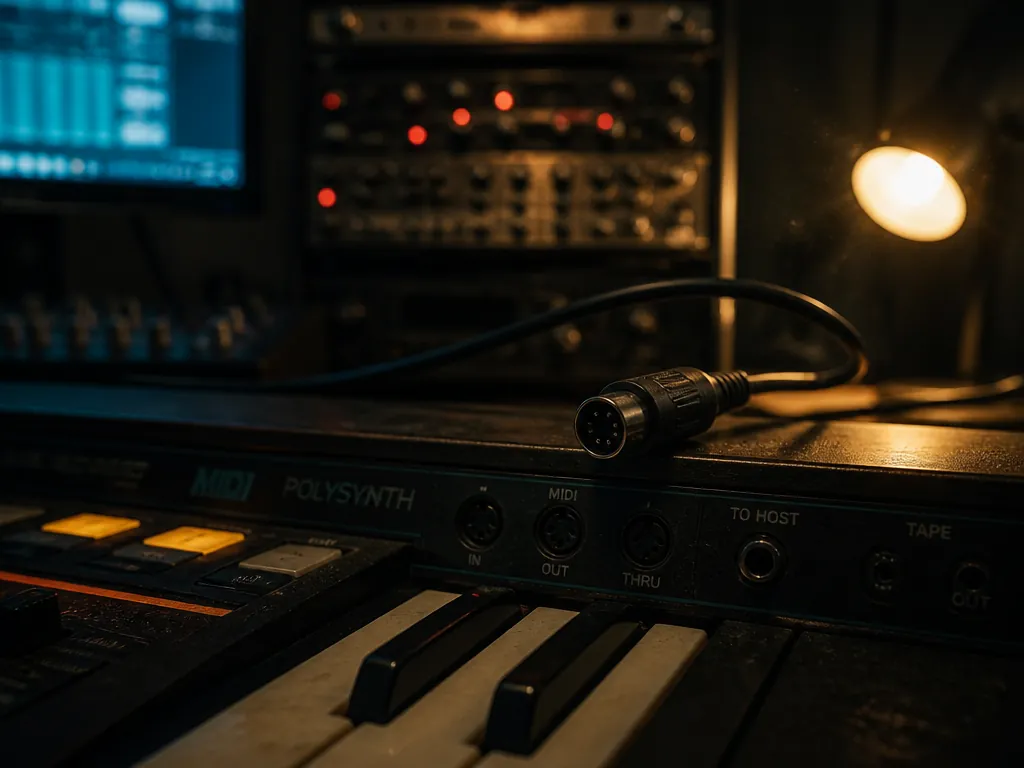 Photorealistic editorial photograph of a dim home studio at night: a vintage polysynth keyboard…