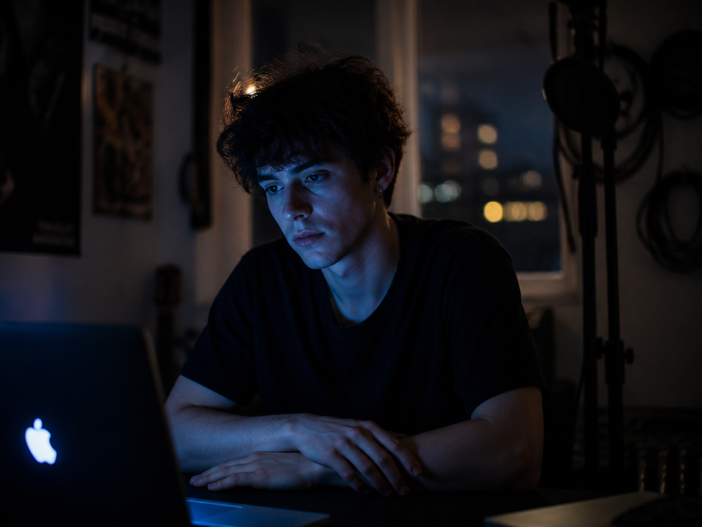 A young emerging musician sitting alone in a dimly lit home studio at night…