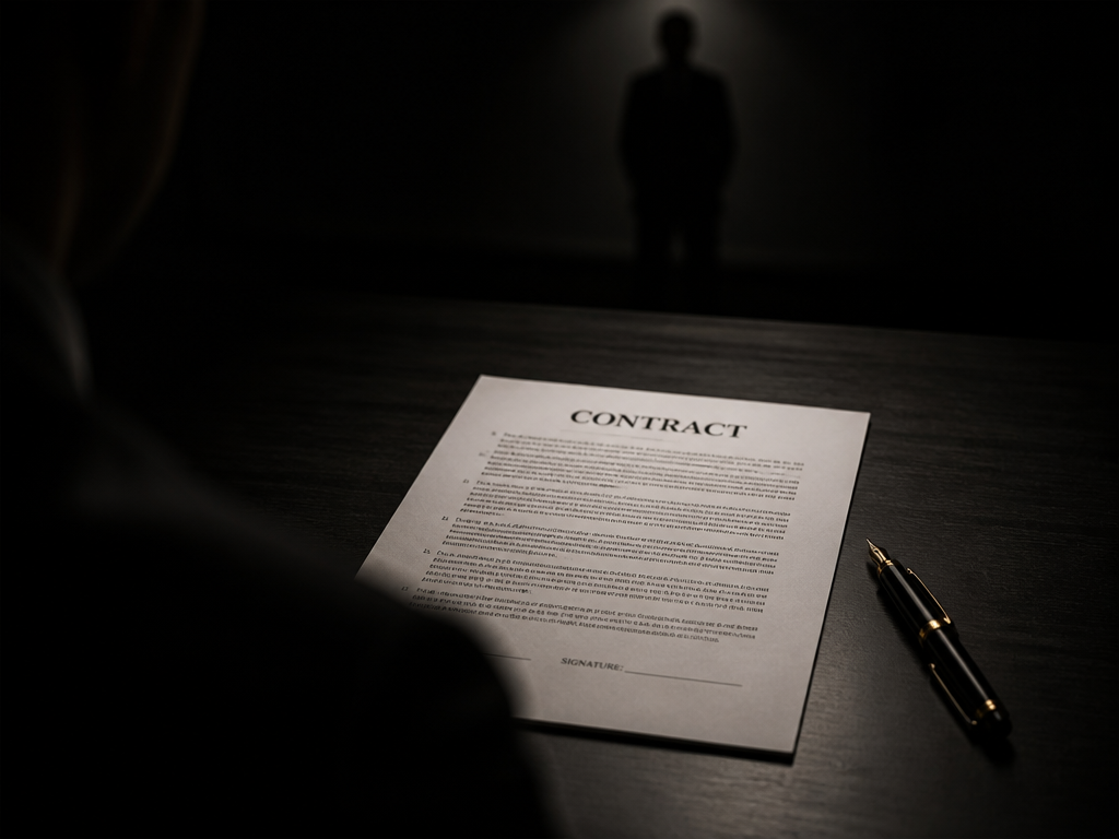 An ominous over-the-shoulder composition of a printed contract lying on a sleek dark table…
