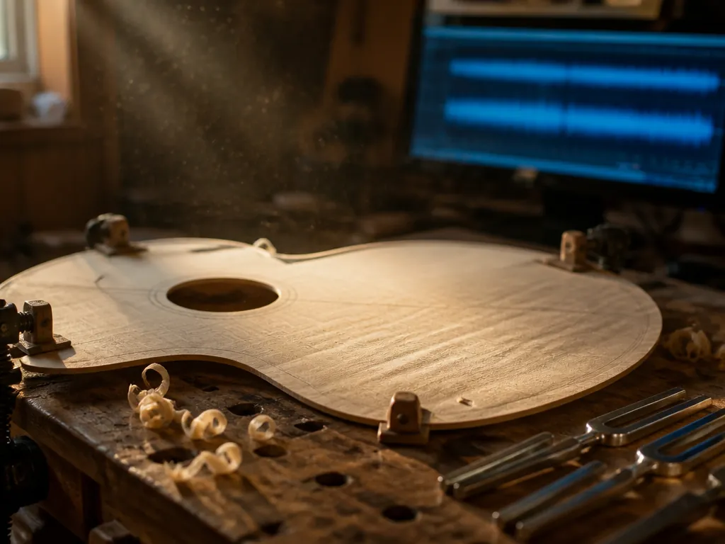 A macro photograph inside a small luthier's workshop: a half-finished spruce guitar top clamped…