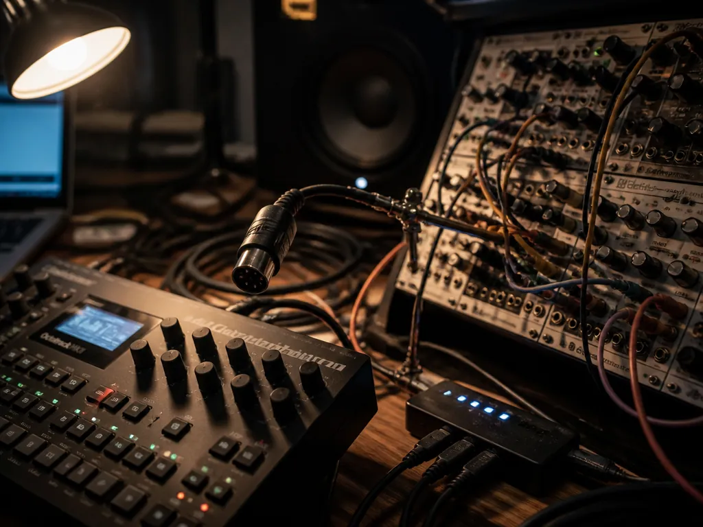 Photorealistic overhead studio photograph of a cluttered home studio desk at night: a matte-black…