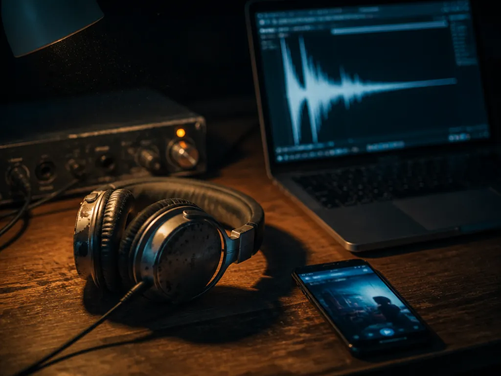 A tight, photorealistic overhead shot of a dim home studio desk at night: a…
