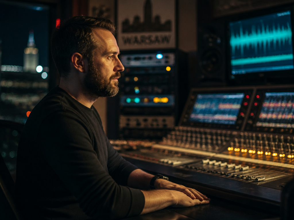 A sound engineer seated at a professional audio mixing console in a dimly lit…