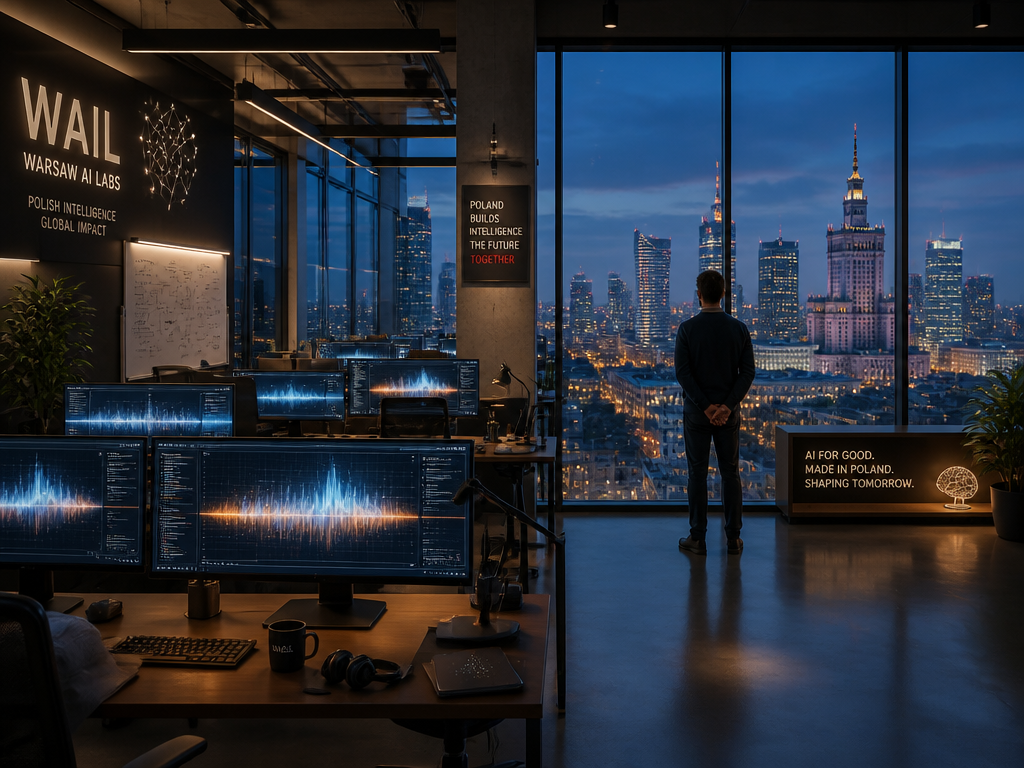 A sleek modern AI research lab interior in a glass-walled Warsaw office building at…