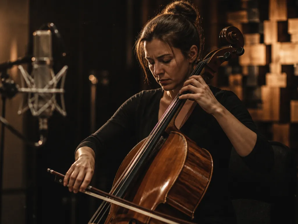 A close-up photojournalistic portrait of a professional cellist seated alone in a dim recording…