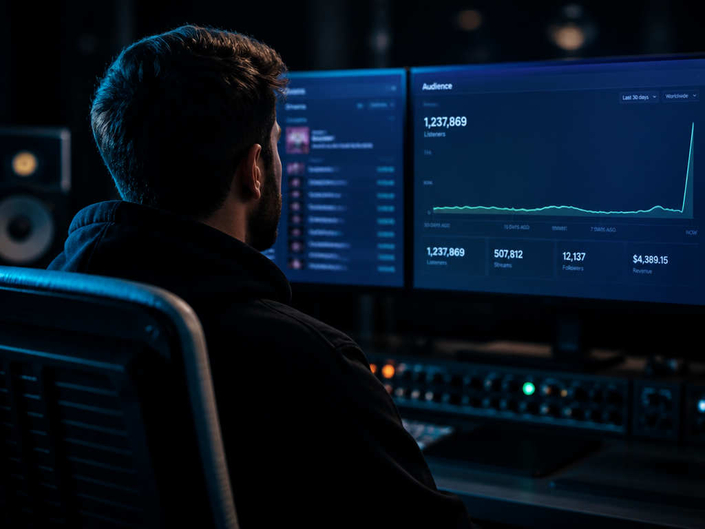 A close-up over-the-shoulder photograph of a music producer seated at a darkened studio desk…