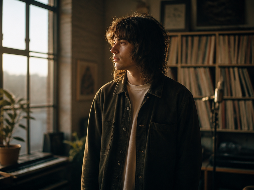 A contemplative portrait of an independent musician standing alone in a sunlit loft studio…