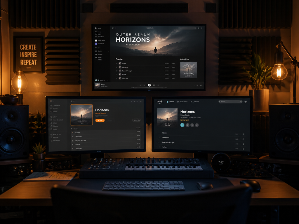 A wide, atmospheric photograph of a modern home recording studio at dusk, featuring three…