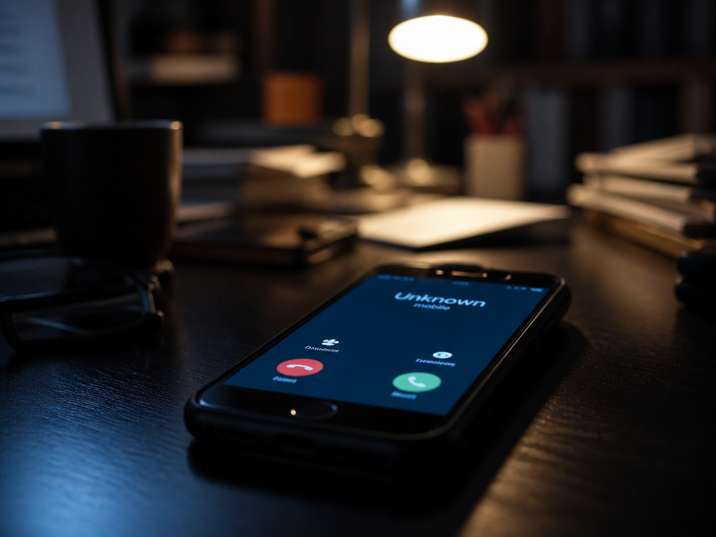 A tight close-up photograph of a smartphone resting face-up on a dark wooden desk…