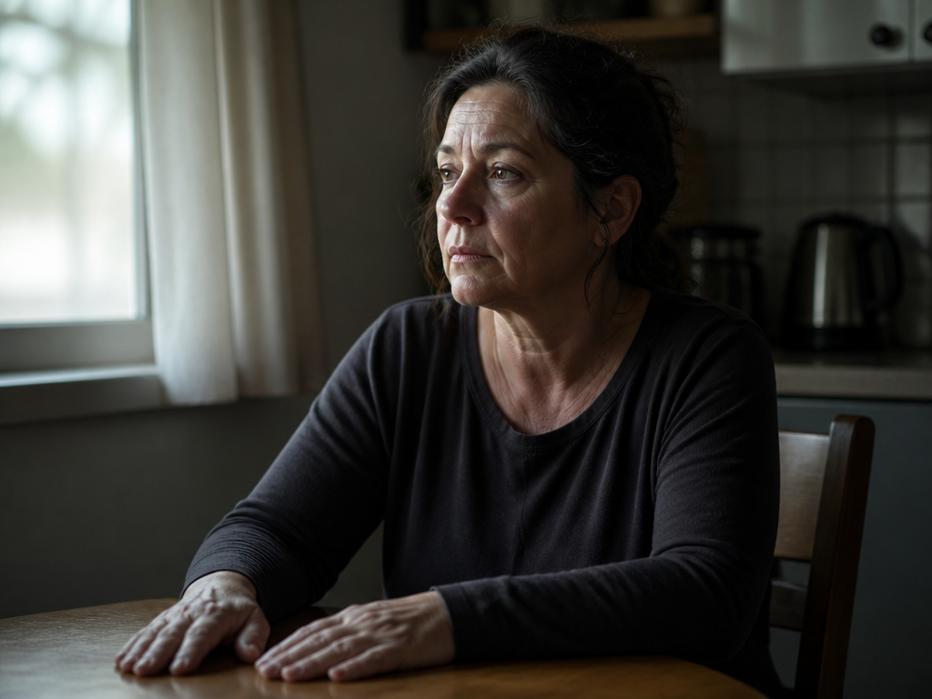 A pensive middle-aged woman seated at a kitchen table in early morning light, looking…