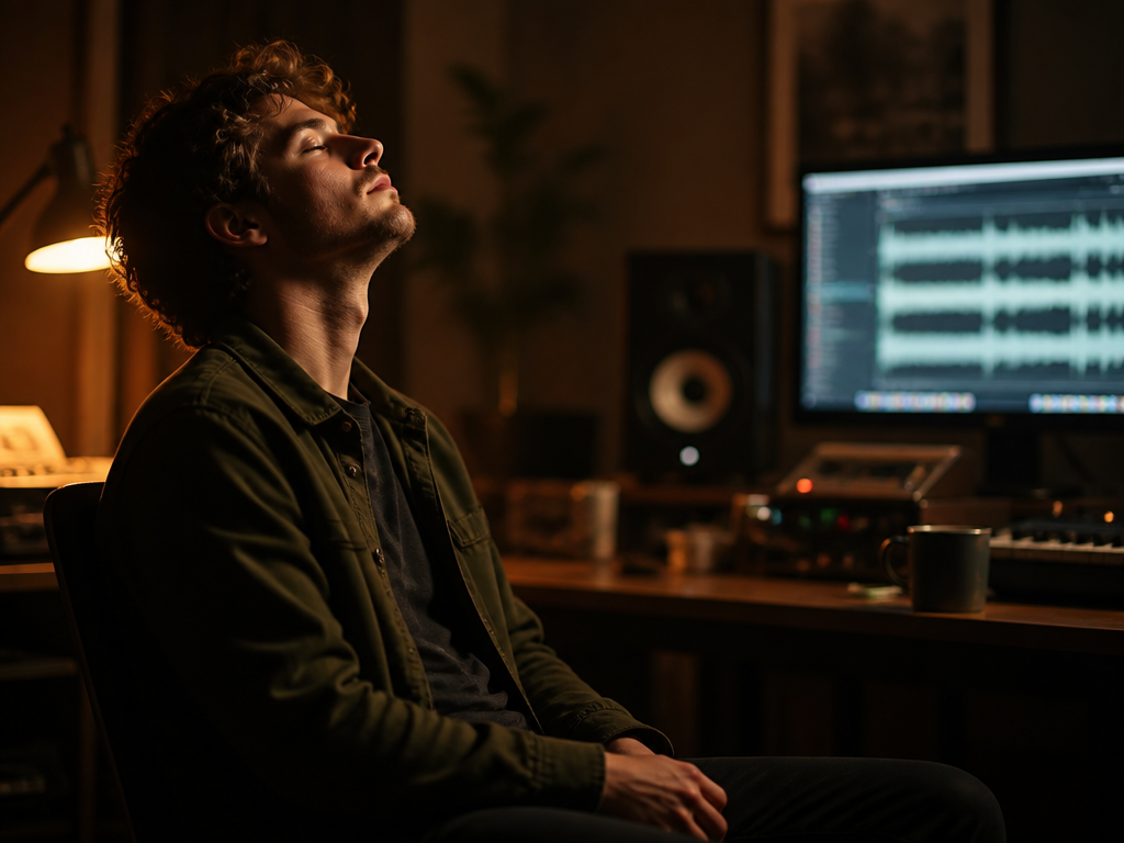 A solo independent musician seated alone in a softly lit home recording studio, head…
