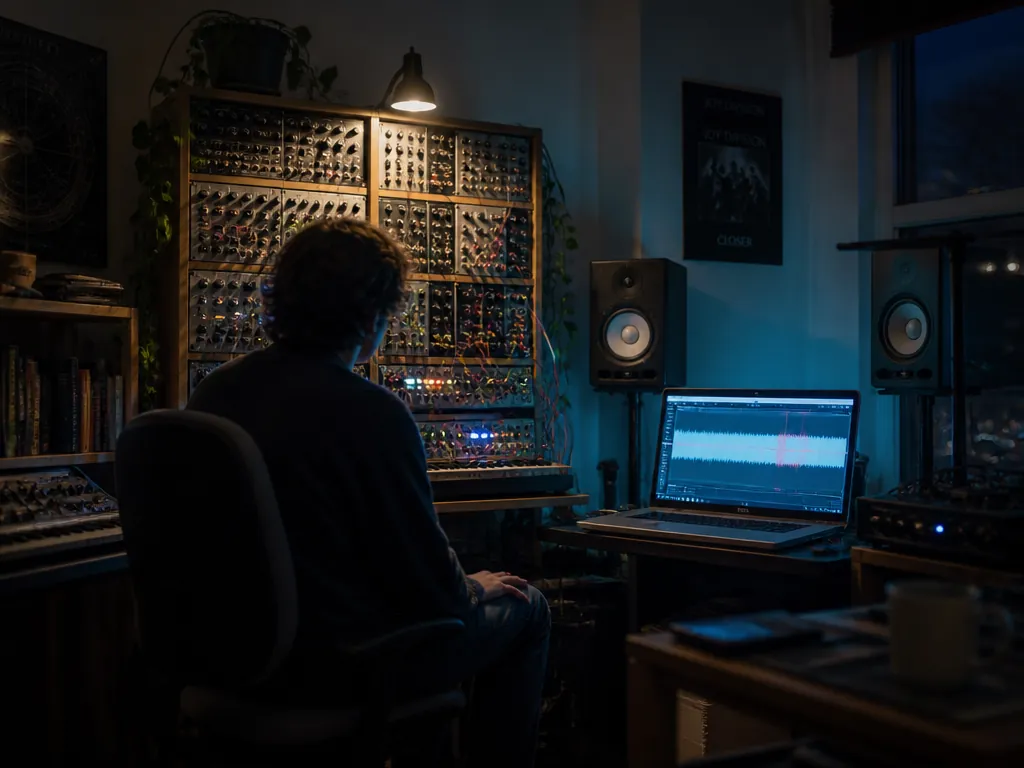 Wide environmental photograph of a sound designer seated in front of a large modular…
