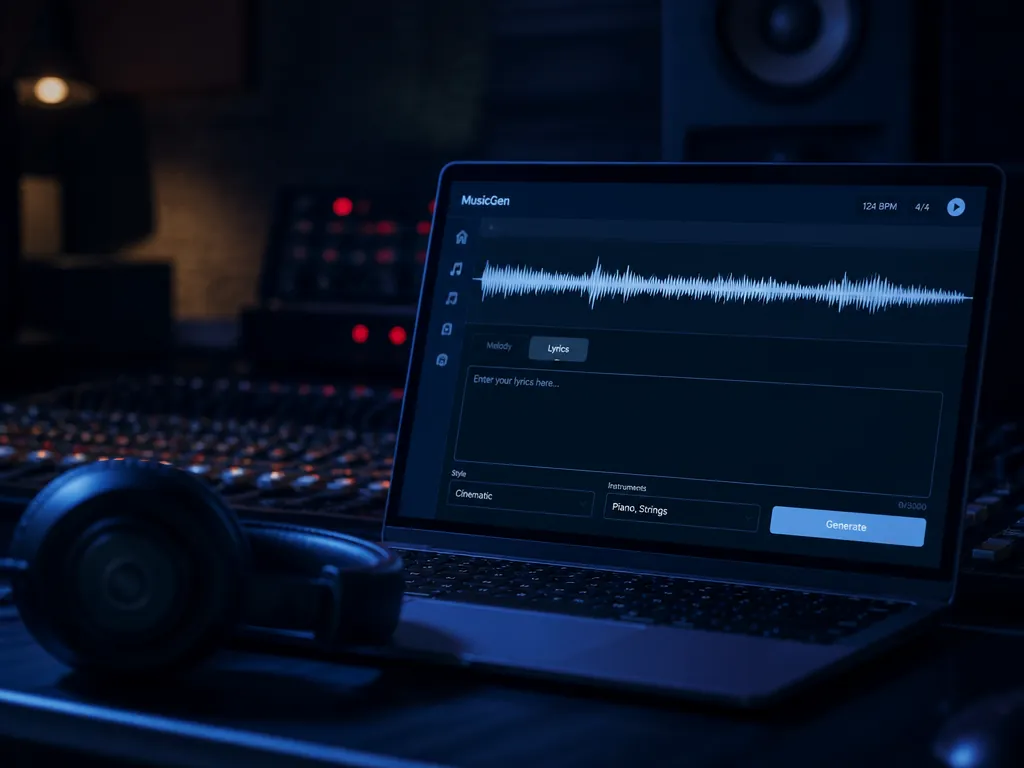 A close-up photograph of a laptop screen glowing in a dark home recording studio…