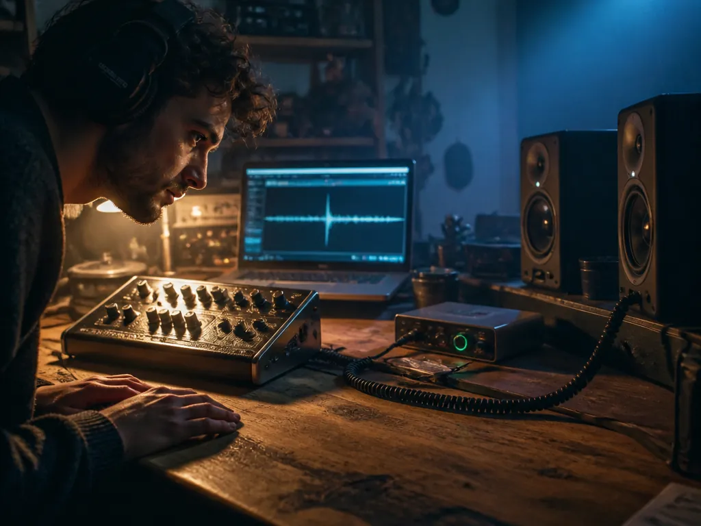 Wide, moody photograph of a small home recording studio at night: a compact metal-resonator…