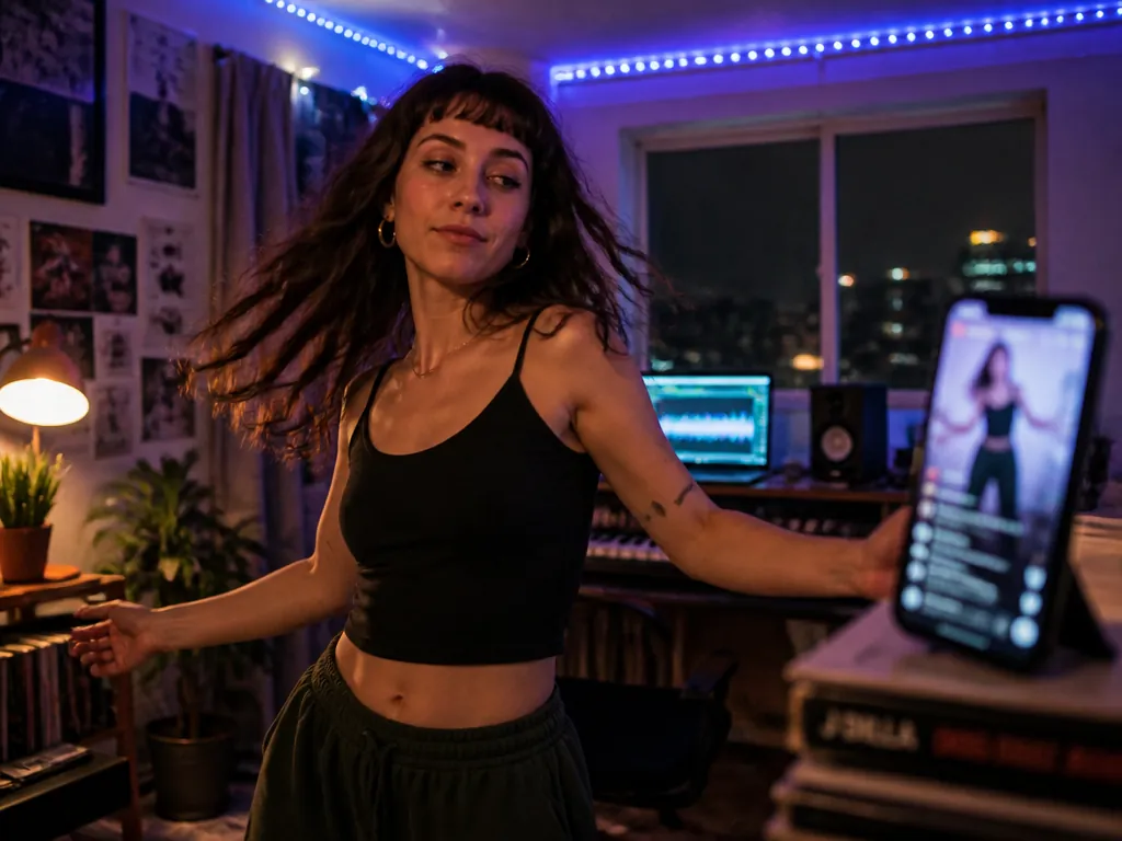 Photorealistic editorial photograph of a young woman in her twenties standing mid-dance in a…
