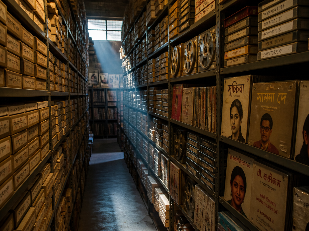 A dimly lit archival vault in a South Asian film-music house, rows of metal…