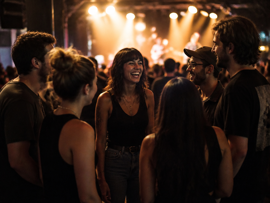 A group of six friends standing close together at the back of a dimly…
