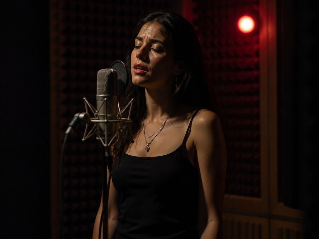 A photorealistic studio portrait of a young female singer standing before a large-diaphragm condenser…