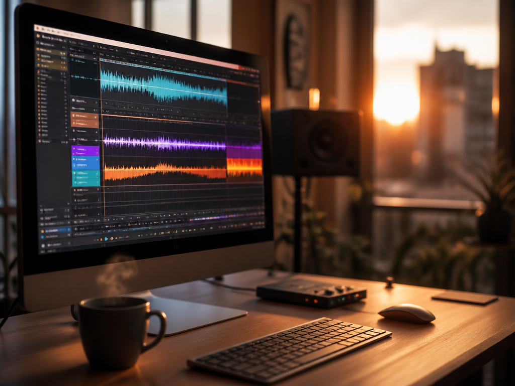 A close-up photorealistic shot of a sleek modern desktop computer setup at dawn, a…