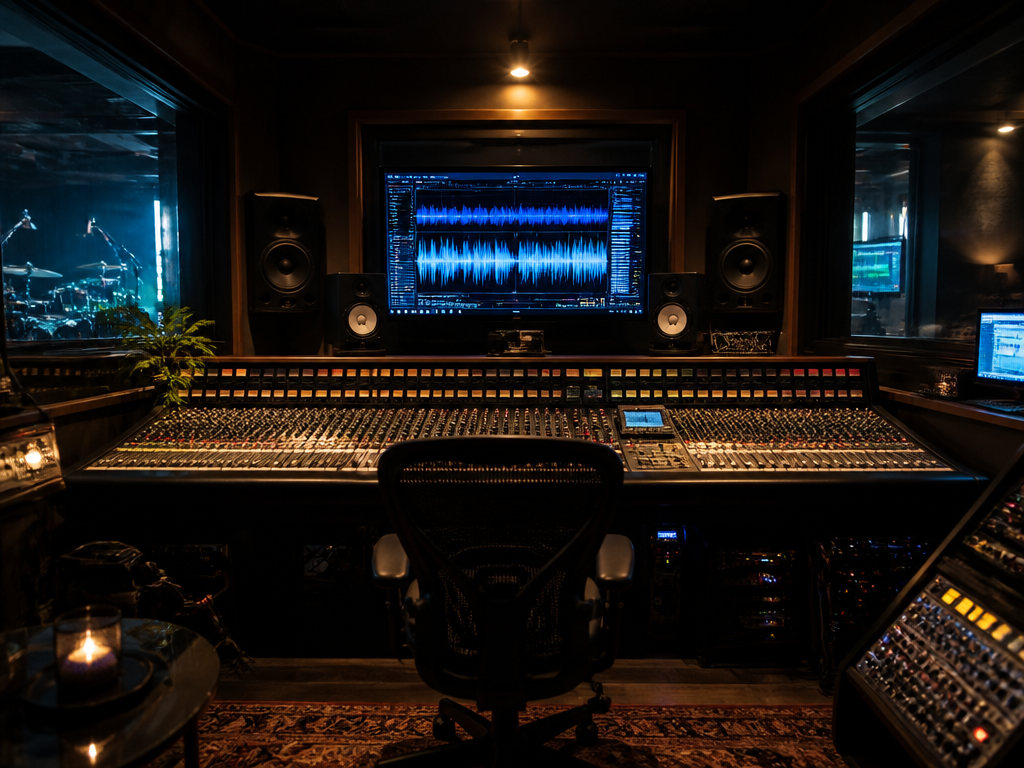 A wide cinematic photograph of a dimly lit professional music studio at night, an…