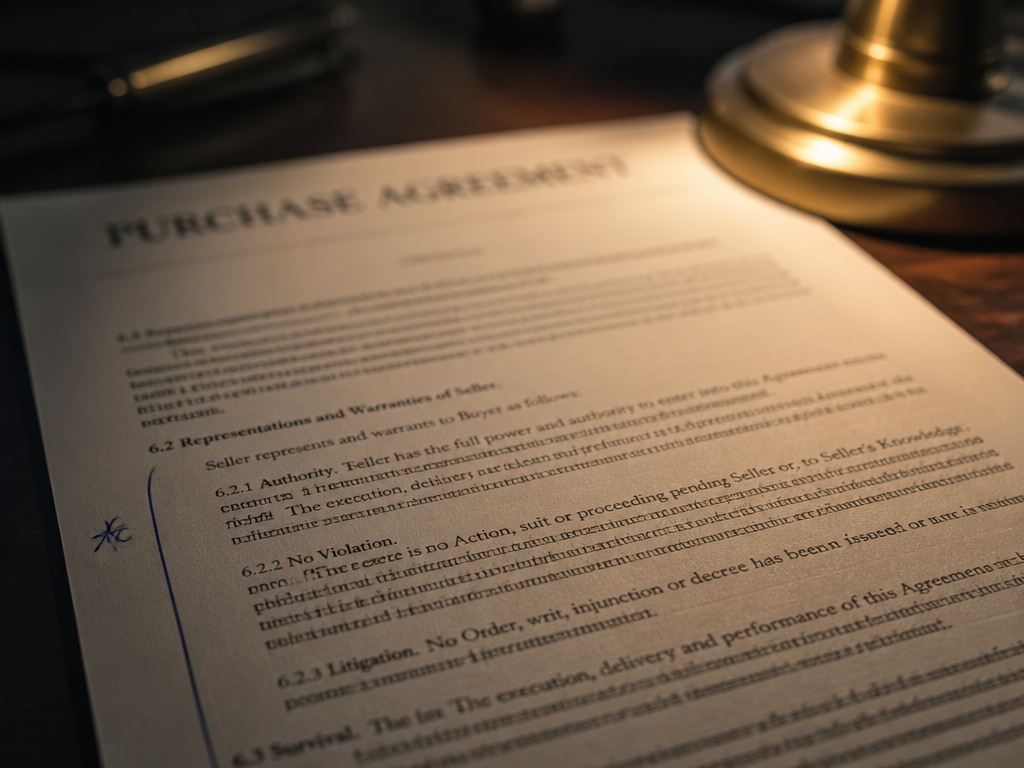 A close-up editorial photograph of a printed legal contract spread across a dark walnut…
