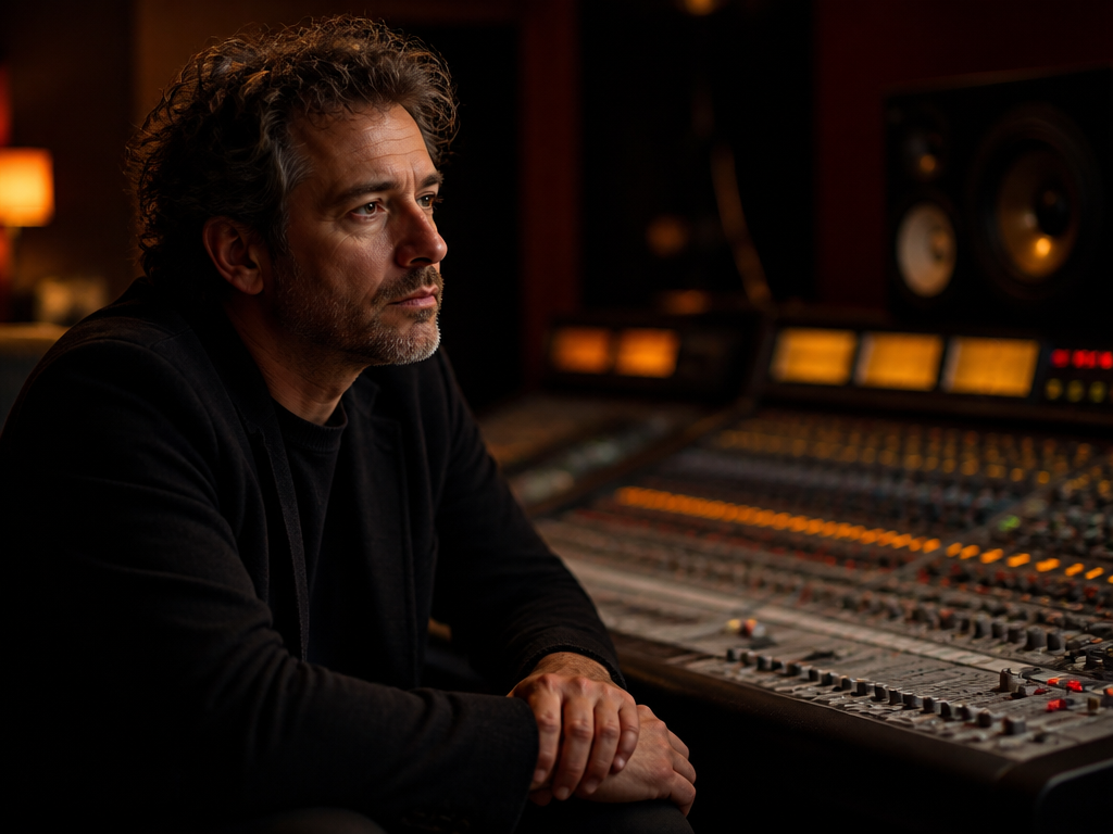 A thoughtful portrait of a composer seated at a recording console in a softly…