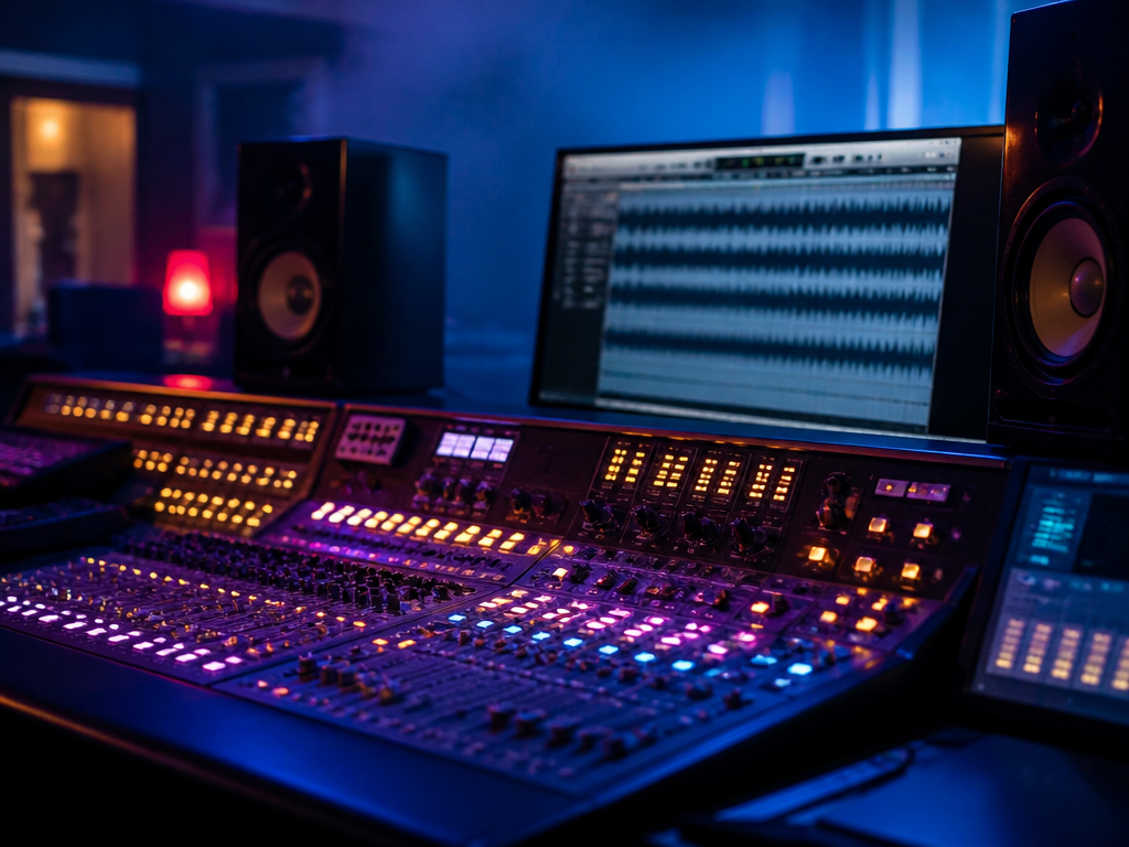 A photorealistic wide shot of a modern music production studio at night, glowing mixing…