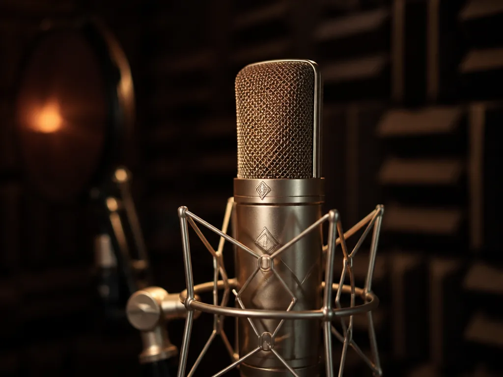 A close-up photorealistic studio shot of a professional recording microphone on a chrome shock…