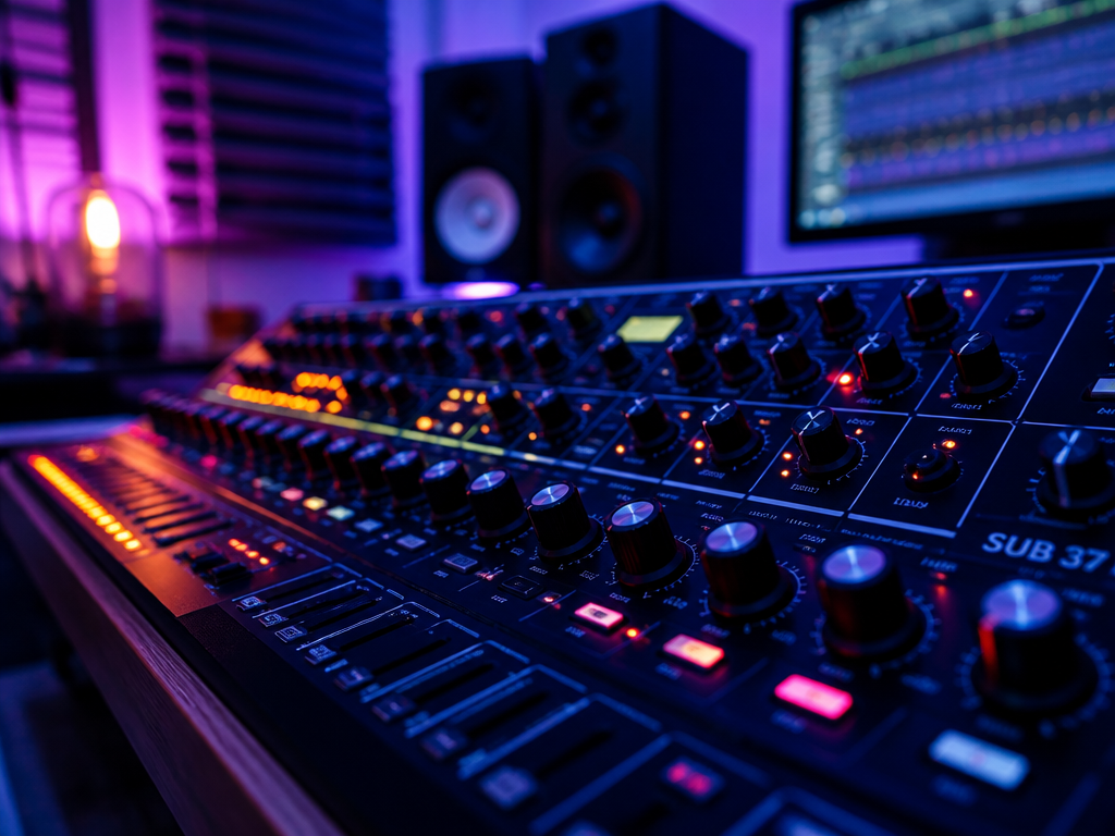 A close-up photorealistic photograph of a professional sound designer's studio desk, featuring a sleek…