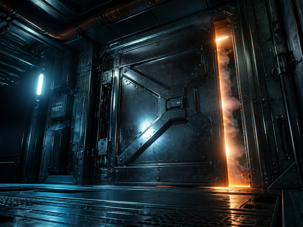 A dramatic photorealistic photograph of a futuristic sci-fi corridor with a heavy metallic door…