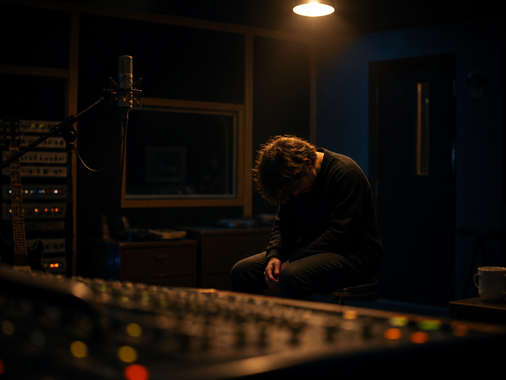 A dimly lit recording studio late at night, viewed from a low angle, with…