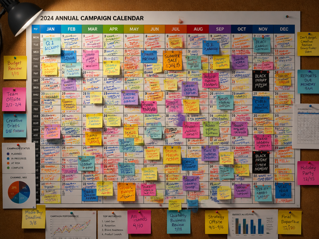 An overhead flat-lay photograph of a large color-coded annual campaign wall calendar pinned to…