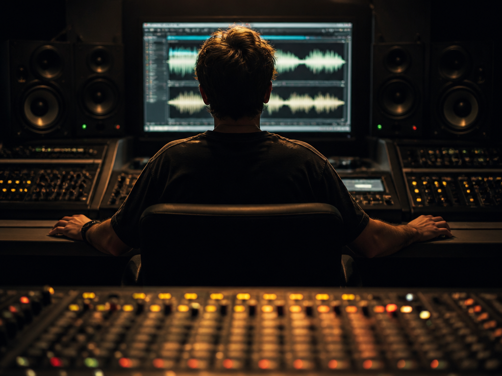 A music producer seated at a mixing console in a dimly lit studio, viewed…