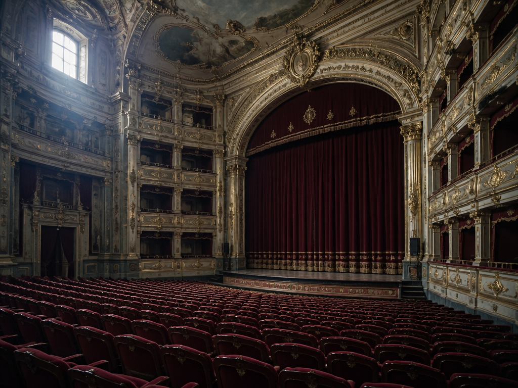 A quiet, ornate empty opera house in Italy, photographed in cool late-afternoon daylight streaming…