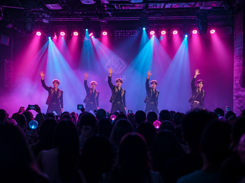 A mid-size concert venue in a second-tier European city captured during a K-pop showcase…