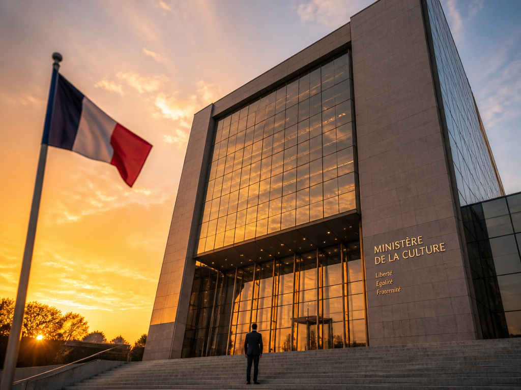 A clean architectural shot of a glass-and-steel government cultural agency building exterior at golden…