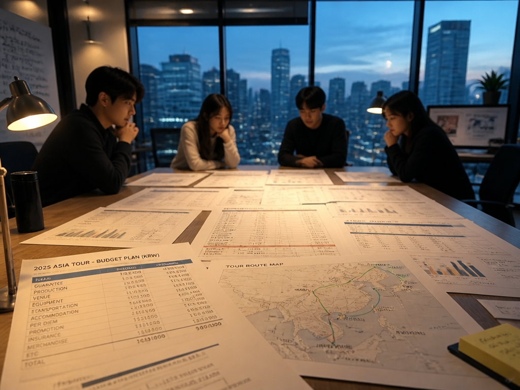 A quiet modern Seoul office at dusk where a four-person A&R team sits around…