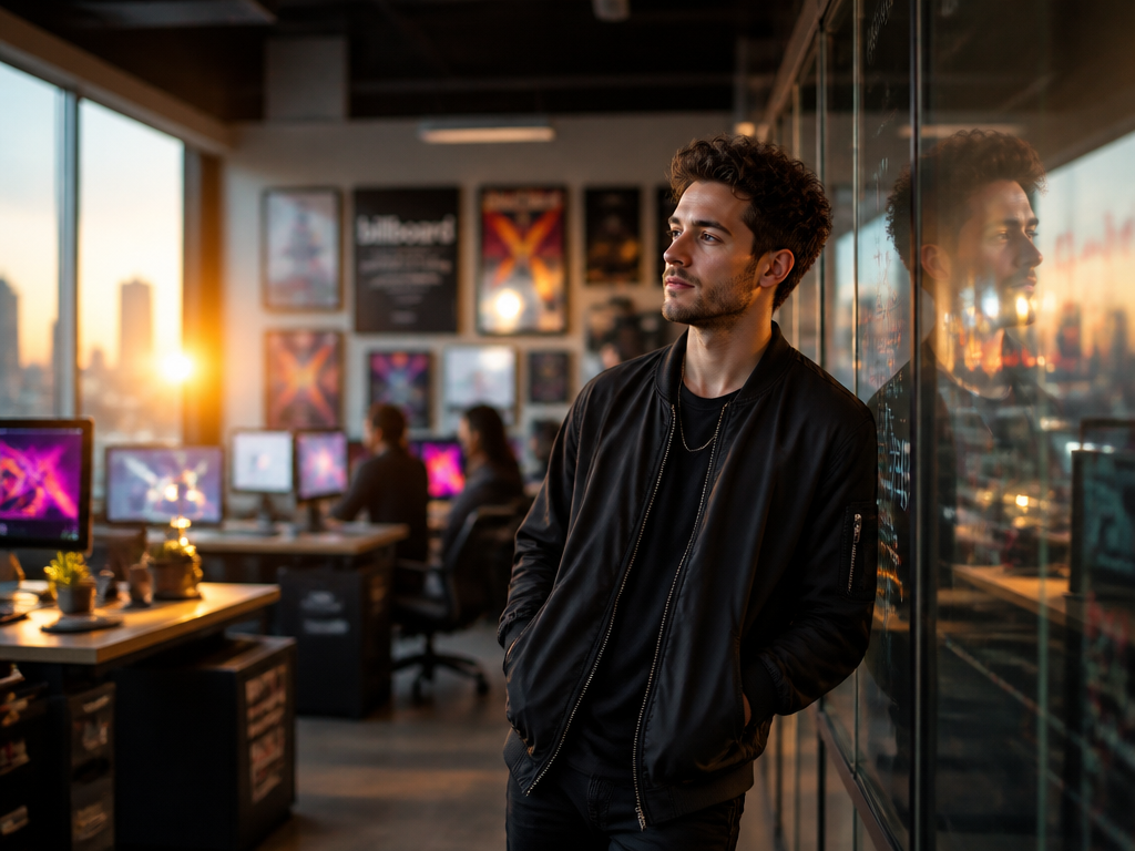 A wide environmental portrait of a thoughtful music marketer standing in a sleek modern…