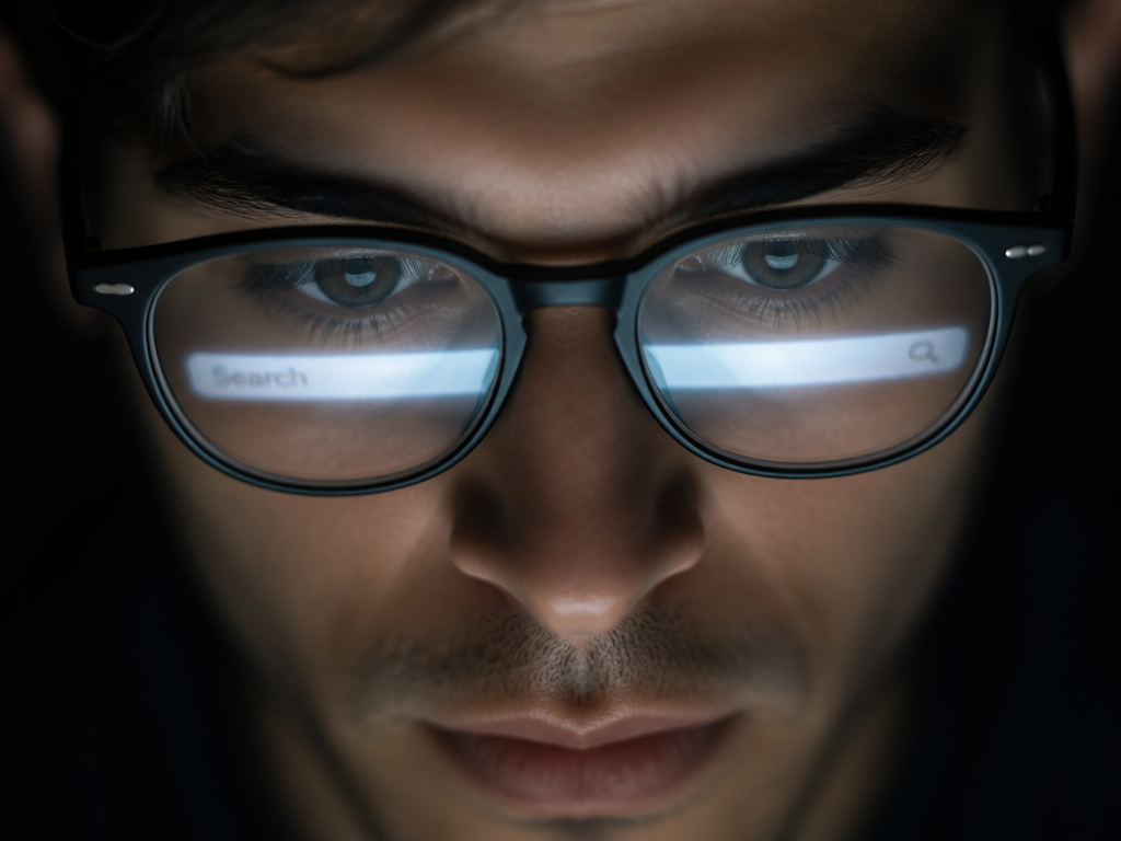 A close-up overhead composition of an illuminated search bar interface reflected in the eyeglasses…